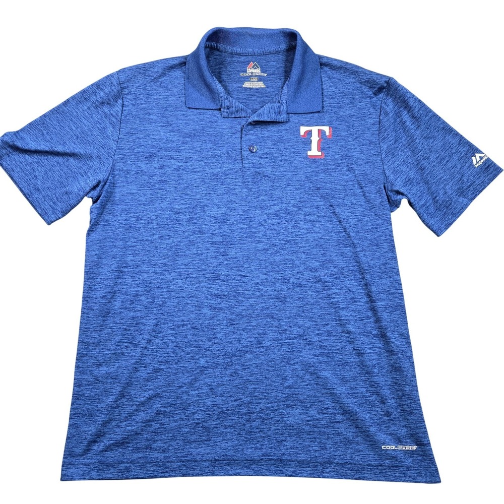 Texas Rangers Polo Shirt Mens Large Blue MLB Baseball Majestic Cool Base